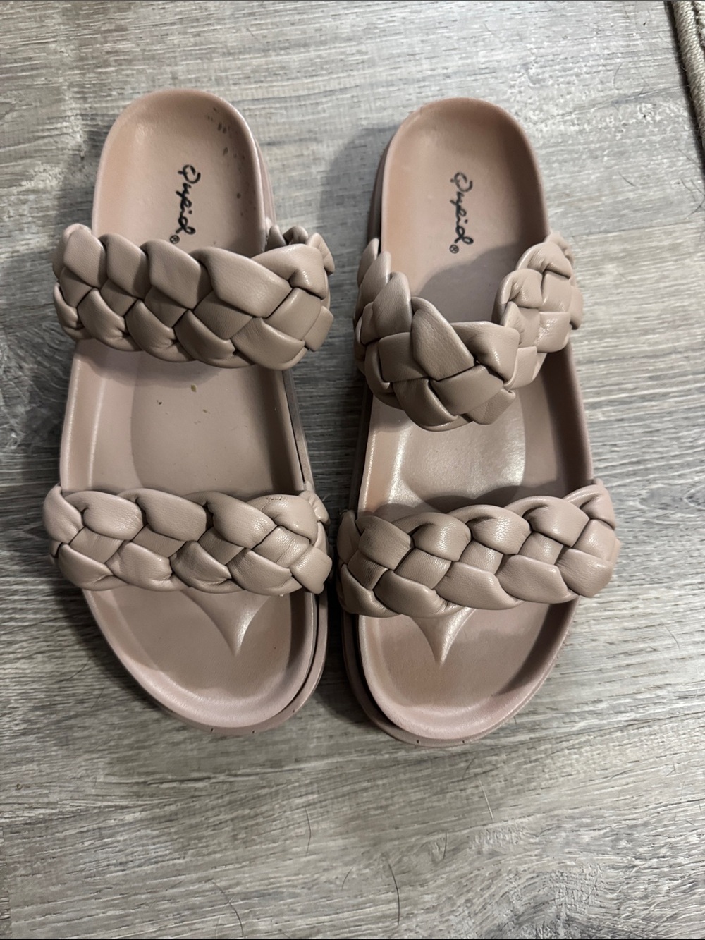 Qupid Braided Double-Strap Slide Sandal — Taupe